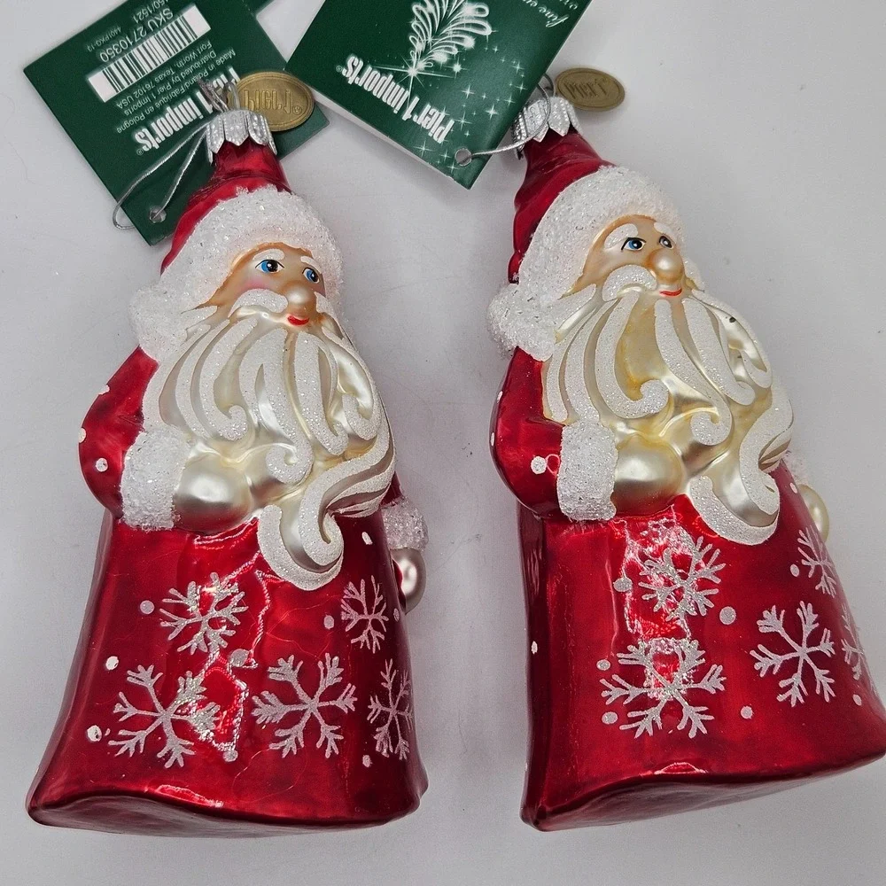 Pier 1 Imports Santa‎ Glass Ornaments Set of 2 Poland Hand Blown Red Christmas